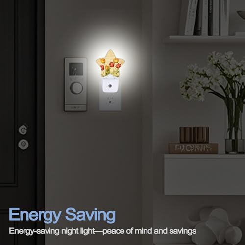 Image of Vintage Tulips Nightlight,Spring Flowers Star Night Lights Plug into Wall Decorations for Bedroom Bathroom,Dusk to Dawn Sensor Kitchen Hallway Stairs Energy Efficient Desk Lamp