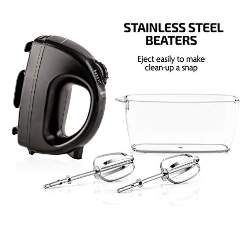 Image of Ovente Portable Electric Hand Mixer 5 Speed Mixing, 150W Powerful Blender for Baking & Cooking with 2 Stainless Steel Chrome Beater Attachments & Snap Clear Case Compact Easy Storage, Black HM161B