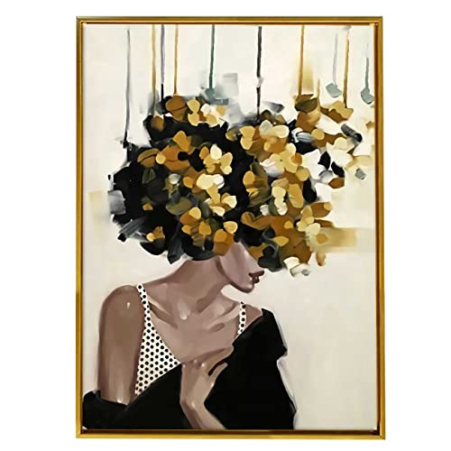 Image of PAINTINGMANTRA Mid Night Gold Girl With Flower Bouquet Gold Framed Canvas Print for Wall, Home and Living Room Decoration (Size - 23 x 17 Inchs)
