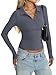 Womens Cotton Polo Collared Shirt Long Sleeve Sexy Deep V Neck Top Button Up Slim Fitted Tee Business Casual Outfit Dark Gray S