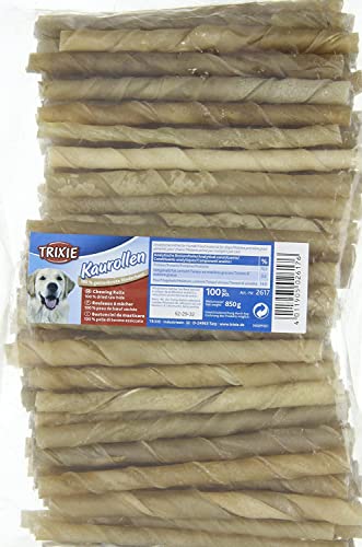 Trixie Kaurollen gedreht für Hunde 12 cm ø9-10 mm | Doppelpack | 2 x 100 Stück | 100% Rinderhaut | Kann zur Stärkung der Kaumuskulatur beitragen | Zur Zahnpflege