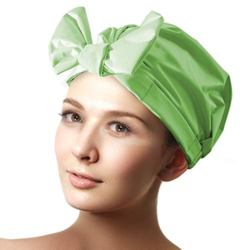 PUSSAER Shower Cap for Women Reusable Long Hair, Upgrade Double Waterproof, PONGEE + PU Coating Extra Large Shower Hair Hat, Machine Washable, Long Life, Adjustable(11 inches, Light Green Bowknot)