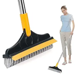 2 in 1 Floor Brush Scrubber with Long Handle Upgrade Grout Brush Scrape Stiff Bristle Cleaning Scrub Brush with Squeegee 120 degree Rotating Tile Brush for Cleaning Bathroom Kitchen (2 in 1 Brush)