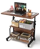 QZMDSM Portable Rolling Desk on Wheels Adjustable Height Desks for Small Spaces, 32' Computer Desk with Storage Shelves for Home Office Rustic