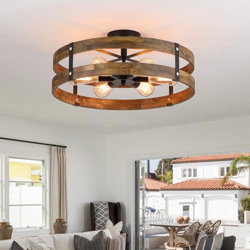 6-Light Large Rustic Farmhouse Wood Flush Mount Ceiling Light Fixture