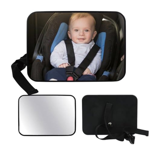 Baby Car Mirror for Rear Facing Seat – Adjustable Wide View Infant Rear View Mirror with Headrest Strap – Includes Baby on Board Sign – Durable & Easy to Install