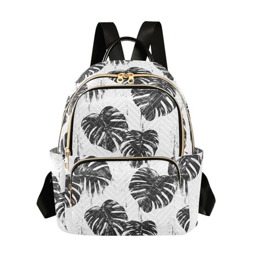 Women Fashion Backpack Purse Black White Monstera Leaves Mini Travel Backpack Ladies Shoulder Bag Work Daypack 14L