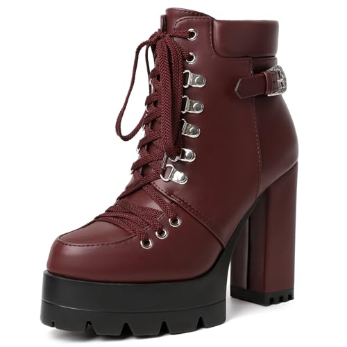 Image of Susanny Sexy High Heels for Women Boots Round Toe Platform Booties Lace Up Suede Side Zipper Ankle Bootie