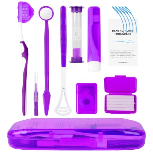 OFFCUP Orthodontic Care Kit, 9 Pack Braces Cleaning Set, Oral Care kit V-Brush Oral Mirror Ortho Wax Timer Dental Floss Threaders Interdental Brush Tongue Scraper (Purple)