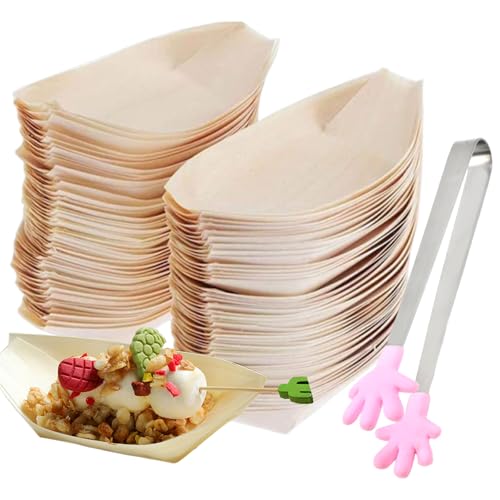 LURNODY 200 piezas Cuenco de Madera de Pino,Vajilla Orgánica,Platos Orgánicos Sostenibles y Compostables，Viene con pinzas para postre para Comida con Dedos,Salchichas de Curry,Patatas,Sushi