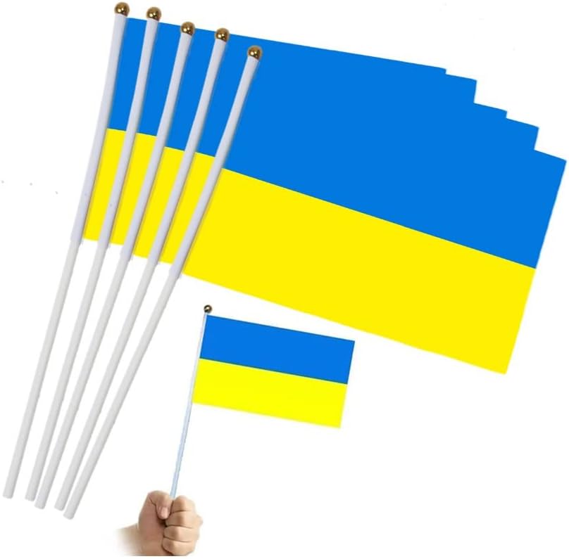 Mini Ukraine Flag 5'' x 8'' - Ukrainian Flag 21 x 14 cm - White Plastic Stick, Vivid Color and UV Fade Resistant (5PCS) (A) 【I Stand with Ukraine】
