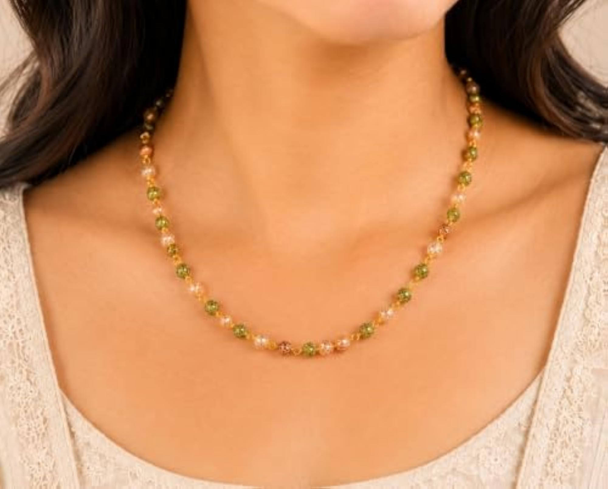 Women's Multicolor Green & Orange Beaded Chain Necklace, Gold Plated