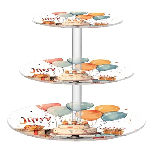 PYBUG Happy Birthday 3 Tier Acrylic Cupcake Stands Tower,Dessert Table Display Set for Tea Party,Wedding,Birthday, Baby Shower