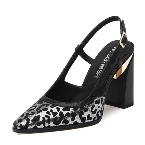 ROSERWISH Women's Slingback Pumps 3.5 Inch Block Heel - Gold Pointed Toe Party Wedding Shoes | Slip-On Comfortable Dress Heels for Prom, Classic Sexy High Heels for Women