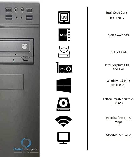 PC Desktop Computer Completo - SSD 240GB - WINDOWS 11 PRO 64 BIT - WIFI - HDMI - VGA - TASTIERA E MOUSE USB CASSE AUDIO… (CPU: I5 - RAM 8GB, MONITOR 22)