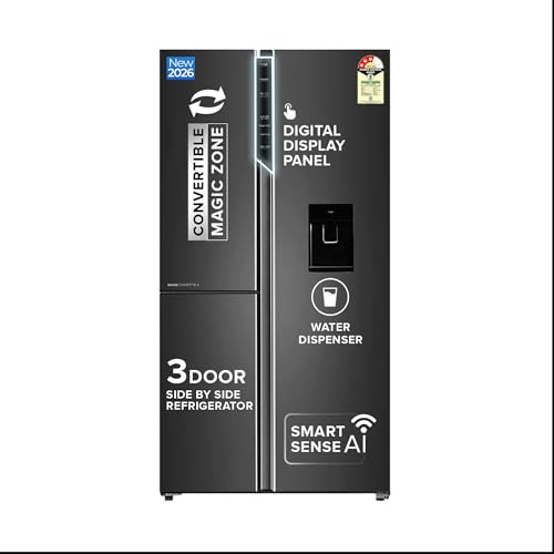 Image of Haier SmartChoice 592L 3Star 3-Door Water Dispenser Side by Side Frost Free Refrigerator|Convertible|Smart Sense AI|Inverter|Digital Display Panel (2025 Model, HRT-683WGKU1, Graphite Black)