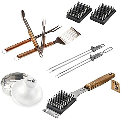 BBQ-AID Master Grill Set - 9 Piece Bundle - Featuring Grill Brush, Burger Press, Skewers, Replacement Heads, Spatula, Tongs, and Fork Cover