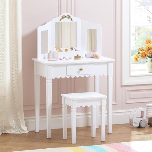 Spirich Kids Vanity Table Set with Gold Bow Makeup Vanity for Little Girls