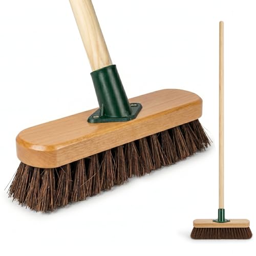 Image of LSC 10” Deck Scrubber Brush with Handle Stiff Bassine Bristles Outdoor Broom Wooden Handle Heavy Duty Floor Scrub Brush for Patio Decking Garden Pathways & Yard Cleaning (PACK OF 1)