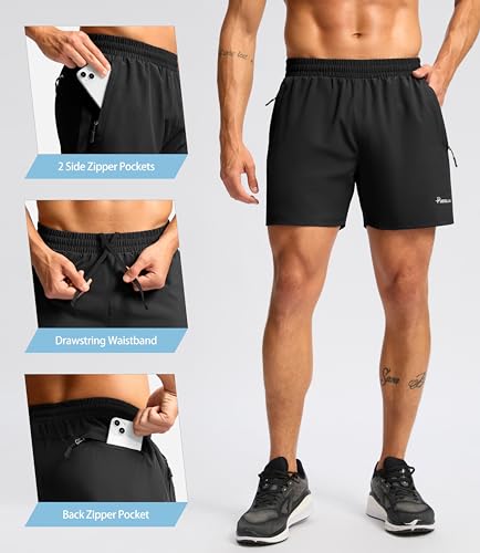 Pudolla Men's Running Athletic Shorts with 3 Zipper Pockets 5"/7" Gym Workout Shorts Lightweight Quick Dry for Hiking Casual3