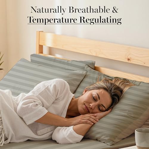 Casa Platino 100% Egyptian Cotton Sheets California King Size Set - 6 Pieces - Damask Stripe- Ultra Smooth Sateen Weave Bed Sheets Set with 15" Deep Pocket - Silver