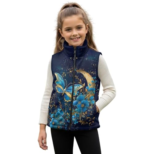 TOADDMOS Blue Butterfly Girls Sleeveless Vests Size 4T Comfortable Flowers Sleeveless Jacket Full-Zip Fall Winter Warm Outerwear Stylish Girl Vest 4T Fall Outfits Fashion Clothing