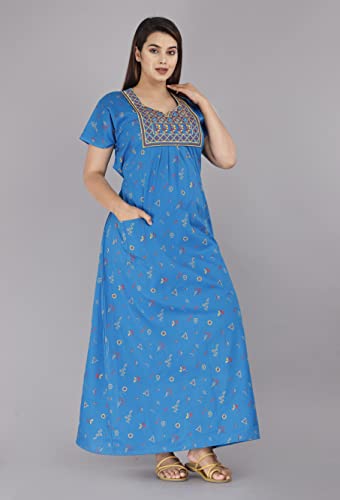 Image of DIAMO Pure Cotton Embroidery Nighty for Women, Cotton Night Gown, Night Maxi Gown, Cotton Nighty with a Pocket and Adjustable Knot