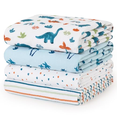 Image of david's kids 4 Pack Baby Muslin Swaddle Blankets, 100% Cotton and Ultra Soft Breathable Receiving Blanket Wrap for Boys Girls, New Born Essentials, Large 47 x 47 inches, Dinosaur Blue