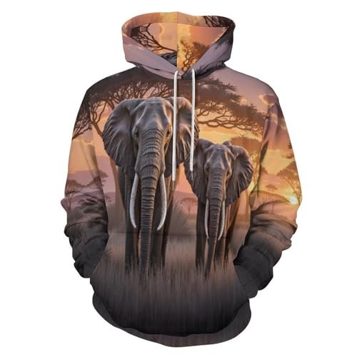 Sweat à capuche imprimé en 3D éléphants pull orange fantaisie à poches