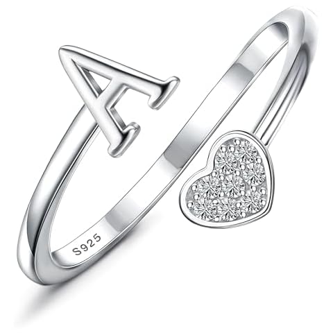 MILACOLATO 925 Sterling Silver Ring 18K White Gold Plated Initial Heart Rings Adjustable Capital Letter Initial Rings for Women Stackable Thumb Pinky Rings Valentine's Day Jewelry Trendy Stuff, A Cover