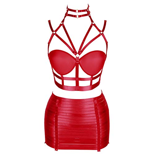 Womens Punk Body Harness Lingerie Garter Belts Plus Size Strap Leg Hollow Out Stockings Belt Halloween Rave Bralette (Wine Red) #TOP12