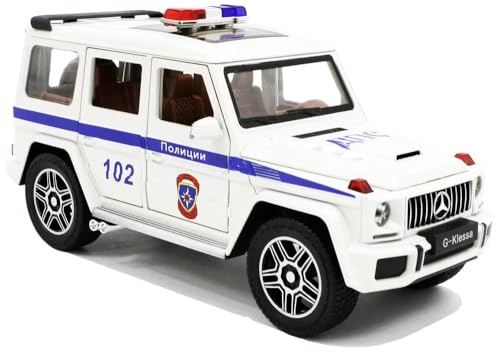 Image of New 1:24 G Wagon Police Jeep Diecast Alloy Metal Pull Back Car with Openable Doors Music Sound and Light Vehicle Toy Car for Kids Boys (White)