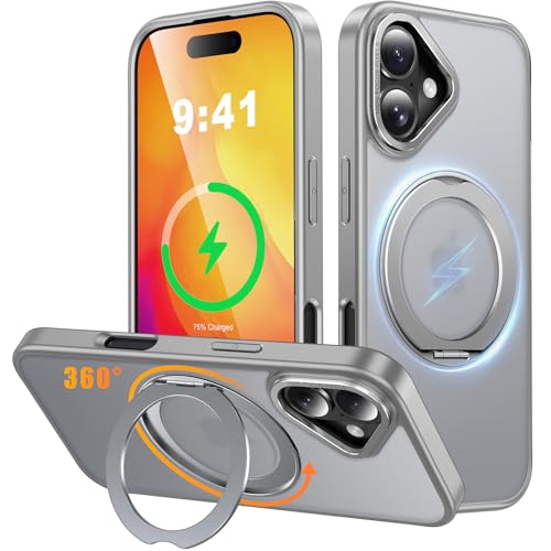 iPhone 16 用 ケース Magsafe対応 ワイヤレス充電 360°回転スタンド 縦横両対応 Gunwon スマホケース iphone16 用 米軍規格 耐衝撃 半透明 マット感 マグセーフ 防指紋 リング マグネット搭載 アイフォン16 用 カバー「グレー」