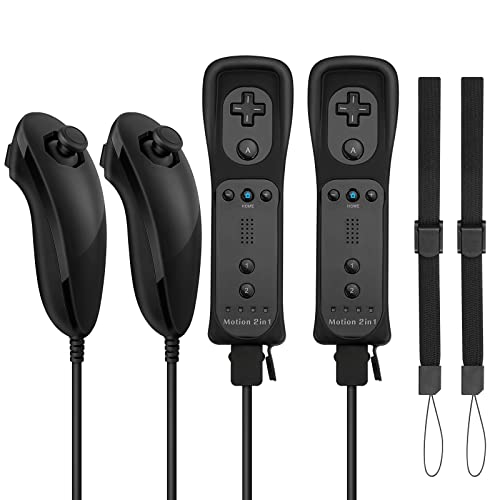 2 Pack FISUPER Remote Controller with Motion Plus for Wii/WII U, 2 in 1 Remote with Nunchuck Controller Compatible with Wii Wii U Console (Black)