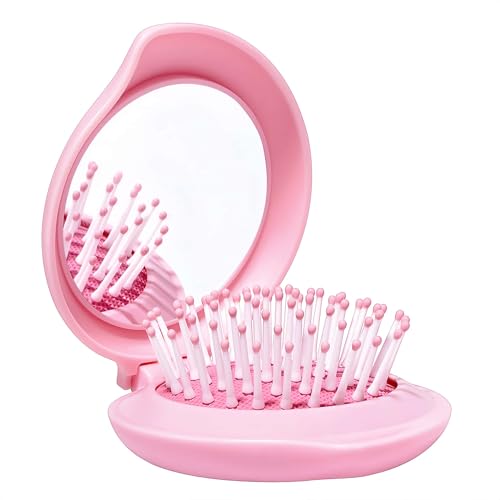 Arthaxi Travel Hair Brush with Mirror for Purse/Backpack, Mini Folding Hair Brush and Kawaii Pink Portable Makeup Mirror Set, Gifts for Girls