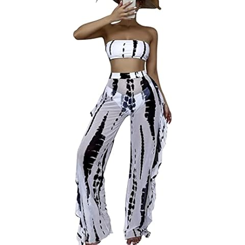 Hilinker Women's 3 Piece Swimsuits Strapless Bandeau Bikini Set with High Waisted Pants, White, Medium Cover