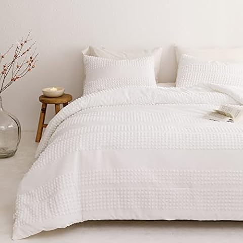Janzaa Queen Comforter Set White Comforter Tufted Pom Bedding ,3PCS Boho Comforter Soft Jacquard Fluffy Lightweight Comforter with 2 Pillow Cases for All Season Cover