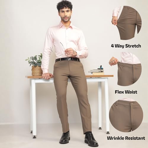 Image of SUBTRACT Men 4 Way Stretch Wrinkle Free Slim Fit Formal Trouser in with 2 Inch Flexible Waistband | Men's Trousers for Office Or Party
