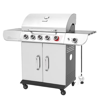 Royal Gourmet SG5002 5-Burner Propane Gas Grill with Sear Burner & Side Burner, Stainless Steel Cabinet Style Gas Grill with 61,000 BTUs Output for Outdoor Patio Garden Backyard Cooking, Silver