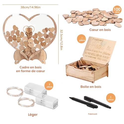 Arespark Livre d'or de Mariage, Ensemble de Cadre Cœur en Bois avec 100 Cœurs, Boîte de Rangement, 2 Marqueurs et Guirlandes LED, Décoration de Mariage et Anniversaire (38 x 33 cm) – vue 5