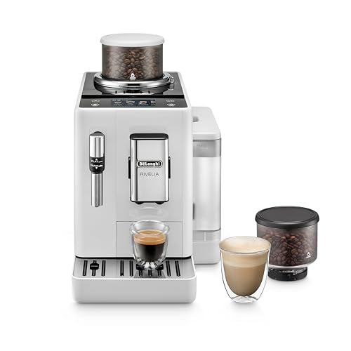 De'Longhi - De'Longhi Rivelia EXAM440.35.W Machine à café automatique avec buse de moussage de lait, réservoir à grains amovible, 8 boissons à café sur simple pression d'un bouton, fonction extra shot, écran