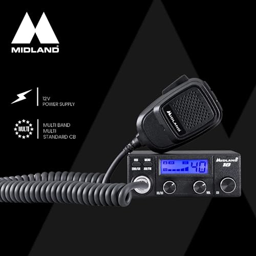 Midland 18 CB-Funkgerät mit LCD-Display, VOX Freisprechfunktion, 12V Anschluss, Multistandard, S-Meter, RF-Verstärkung, für Auto und LKW, schwarz