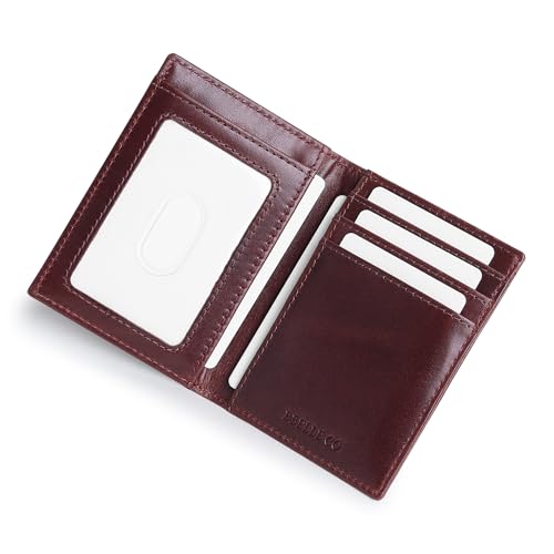 Image of RFID Genuine Leather Card Holder for Men - Slim Wallet with 9 Card Slots, ID Window & Card Puller - Cherry Red