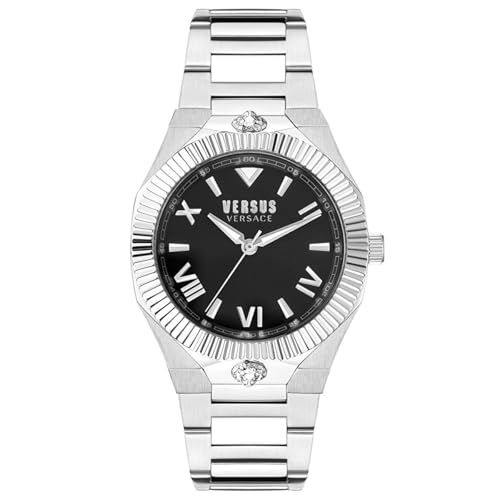 Versus Versace Echo Park Collection Luxury Womens Watch Timepieces with a Silver Strap Featuring a Stainless Steel Case and a Black Dial