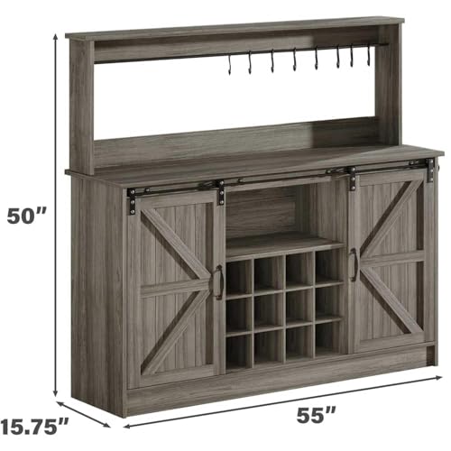 4ever2buy Farmhouse Coffee Bar Cabinet with 8 Hooks, 55” Kitchen Hutch Cabinet with Storage, Gray Coffee Bar with Sliding Barn Doors and 12 Racks for Living Dining Room, Wash Gray