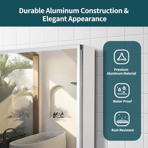 Movo Medicine Cabinet with Mirror, 24 Inch x 30 Inch Aluminum Mirror Cabinet with Single Door, Bathroom Medicine Cabinet, Surface Mount or Recess Installation