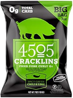 4505 Meats Spicy Green Chili and Lime Cracklins, Fried Pork Rinds, Keto Certified, Family Size Bag, 14 Servings, 7 Ounce