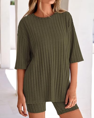 Image of KIRUNDO Short Sets For Women Summer 2 Piece Matching Lounge Sets Casual Rib Knit Tshirts Biker Shorts Beach Vacation Outfits