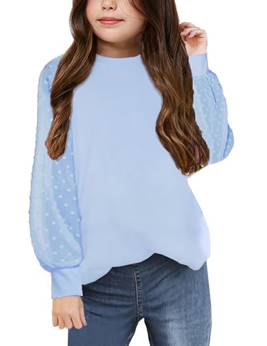 Image of Yekaty Girls Shirts Casual Solid Color Crewneck Blouses Soft Long Sleeve Swiss Dots Chiffon Tops