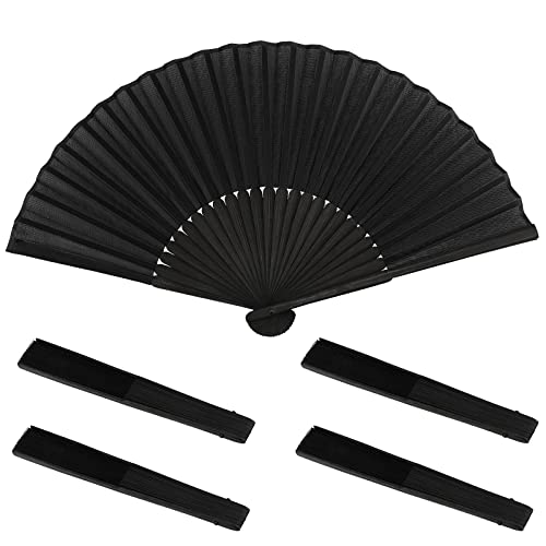 HAKZEON 5 Stück Handfächer Faltbarer Seidenstoff Fächer mit Bambusrippen Griff, handgeführter chinesischer Fächer zum Tanzen, Geschenken, Hochzeiten, Partys, DIY, klassisches Schwarz Cover